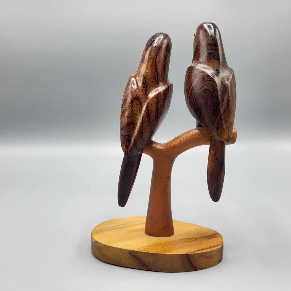 Hand Carved Wood Parrot Sculpture Figurine Pair on Branch Shelf Decor 6.25